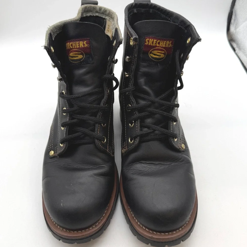 Skechers mens 9.5 Black Leather Combat Boots Punk Lug Sole 90s VTG y2 grunge